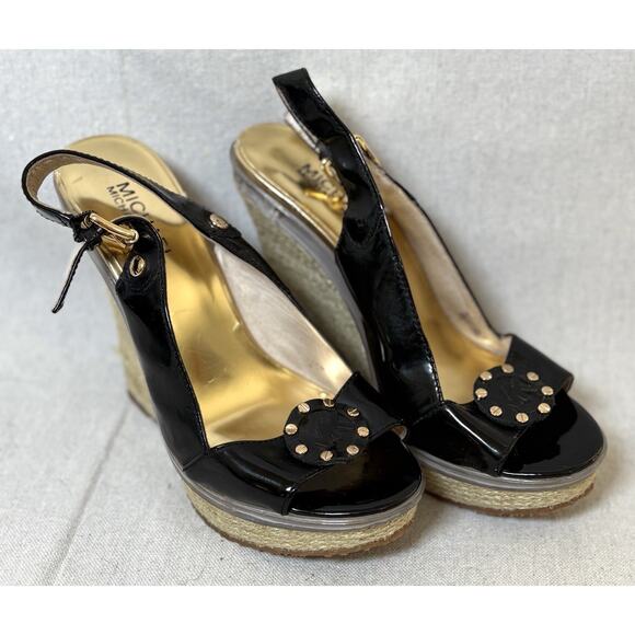 Michael Kors Women's Heels Black Patent Espadrille Wedge Size 6.5 - Picture 3 of 6